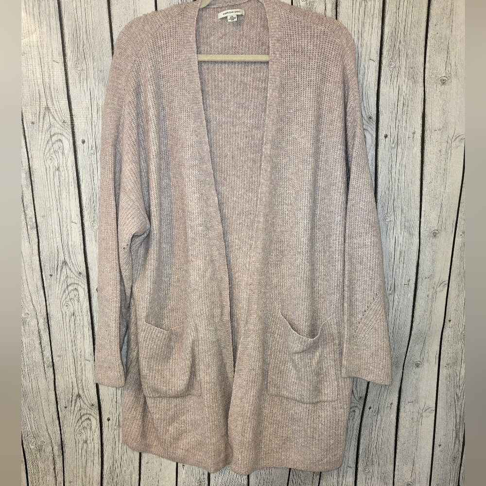 American Eagle Outfitters Light Mauve Open-Front Ribbed Cardigan